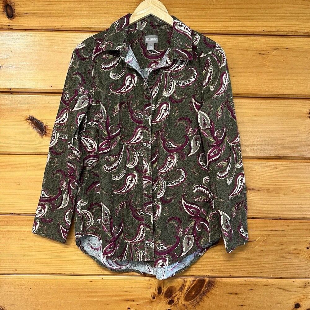 Chicos Top Paisley Corduroy Shirt Button Down Green Long Sleeve Size 1 Medium